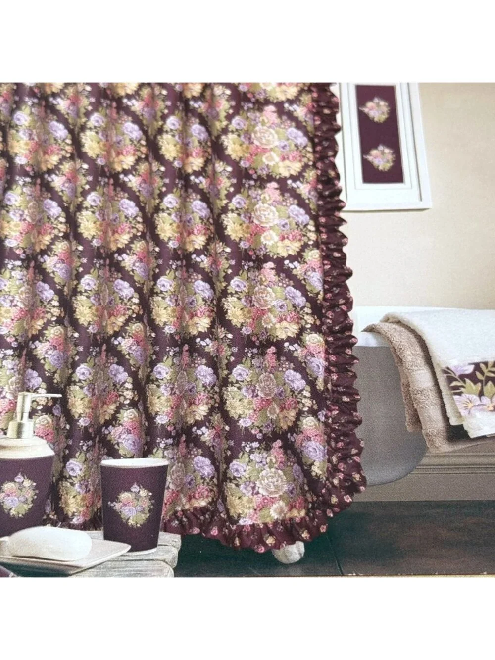 APRIL CORNELL Shower Curtain Cotton Fabric Ruffle Plum Purple Cottage Floral NWT